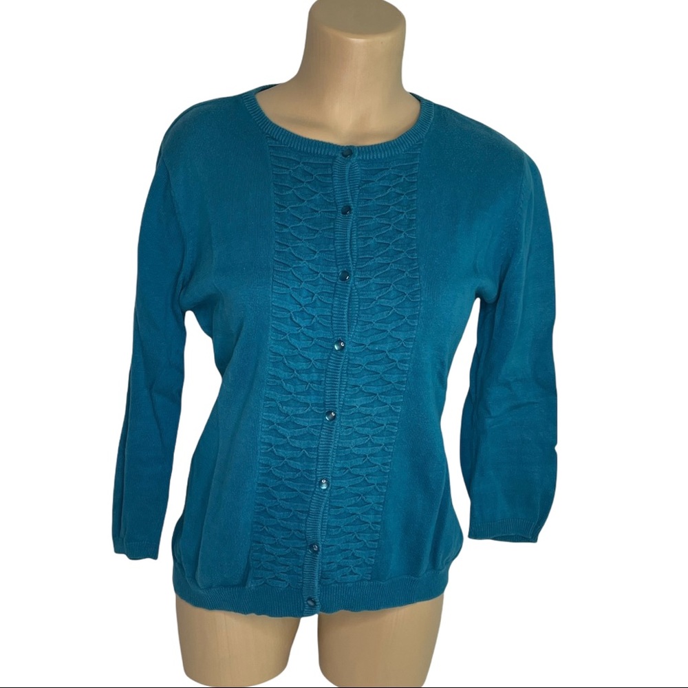CHADWICKS Sweater Button Down Cardigan Cotton Knit Teal Medium